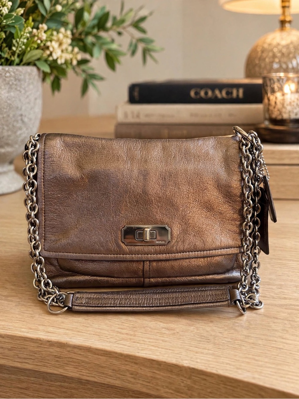 COACH Vintage Chelsea / Madison Metallic Bronze Pebbled Leather Chain Flap Cross